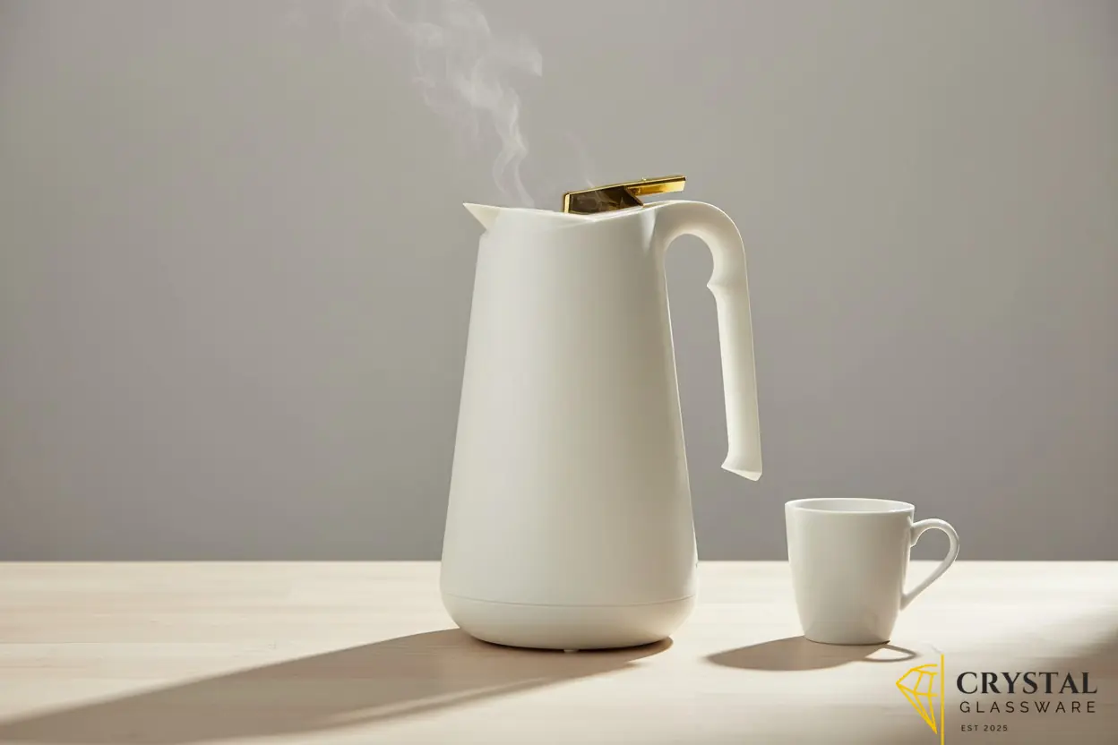 Cream-colored Lavidar vacuum flask with gold-accented lid and button — Crystal Glassware Pakistan
